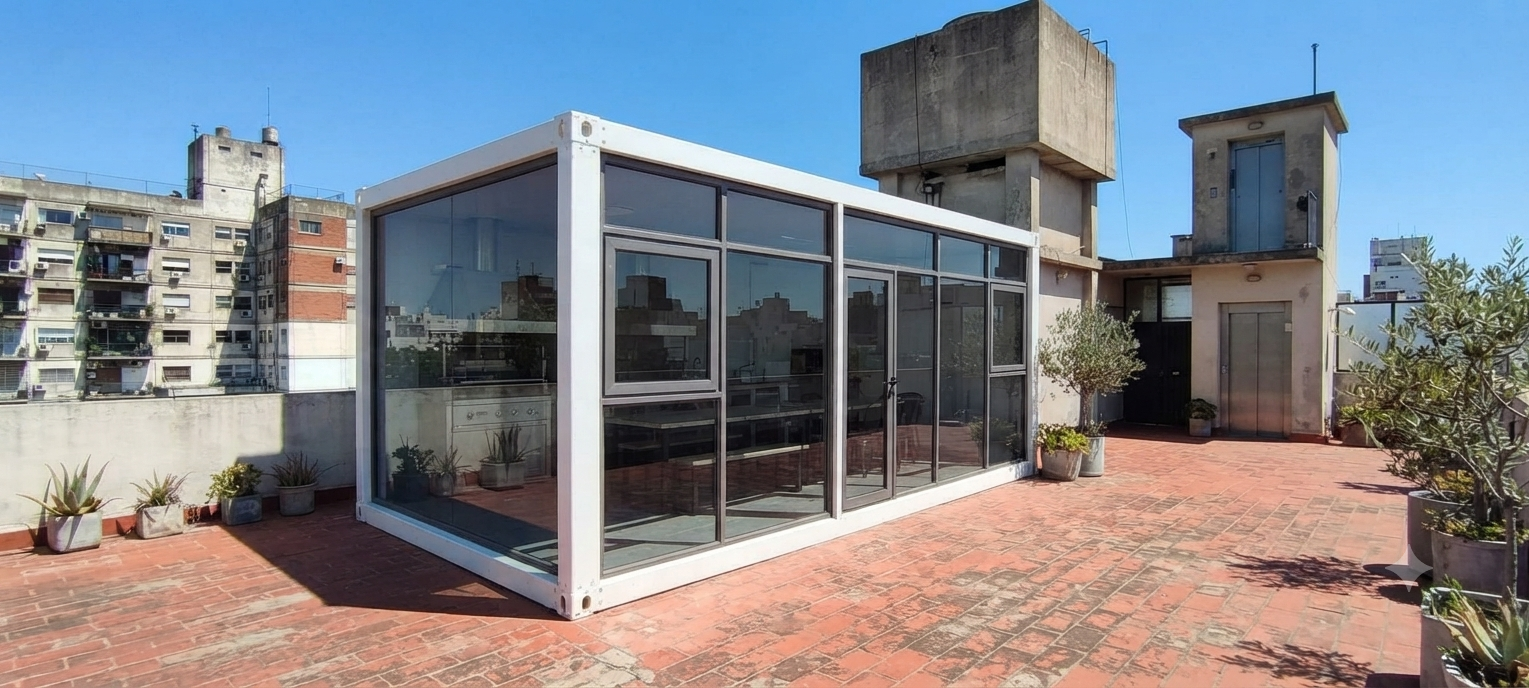 Quincho modular RBR instalado sobre terraza de edificio en Rosario con piso de baldosas rojas